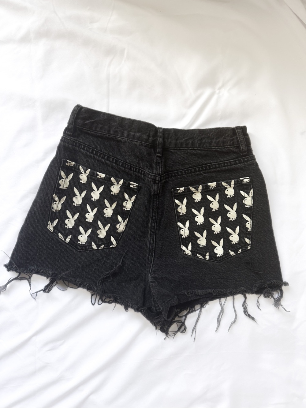 PLAYBOY Black Denim Shorts with Bunny-Print Pockets